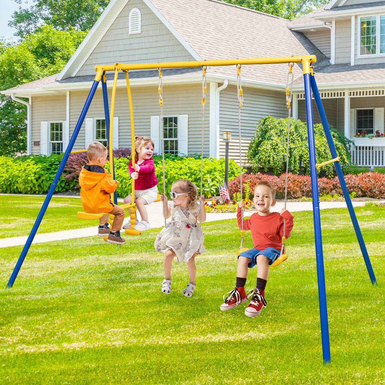 Metal Swing Set For Backyard With 2 Swing Seats And 2 Glider Seats-Blue